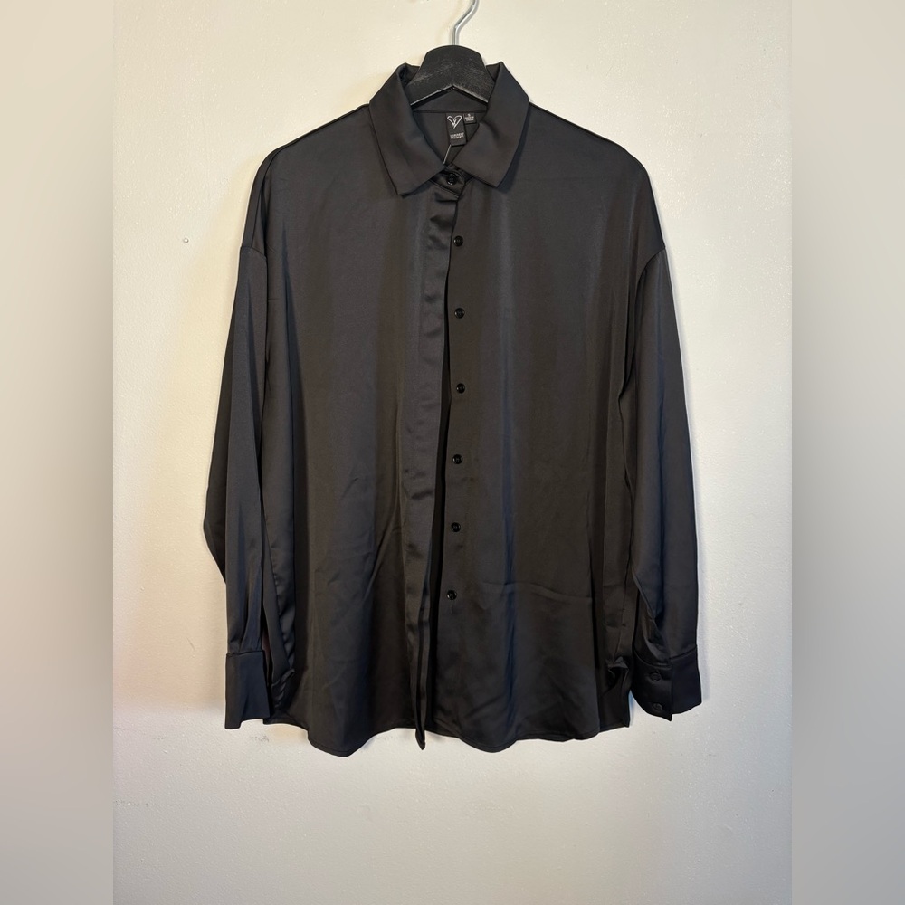 Satin Button-Down Long Sleeve Top